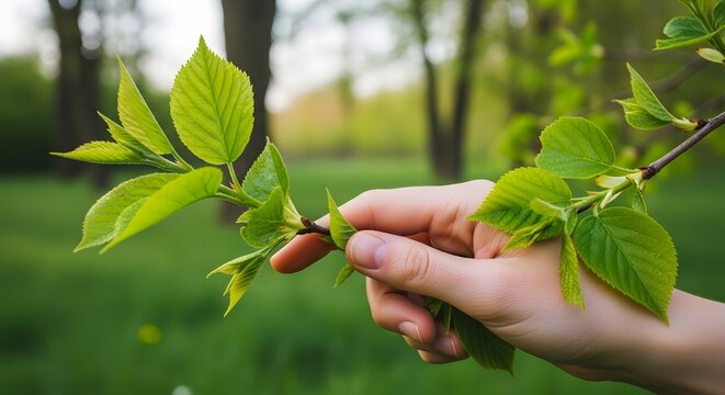 Human hand adorned with lush green leaves gently holding a budding spring branch in a forest. Concept of nature conservation, natural wellness, and organic connection. Person nurturing new, fresh grow