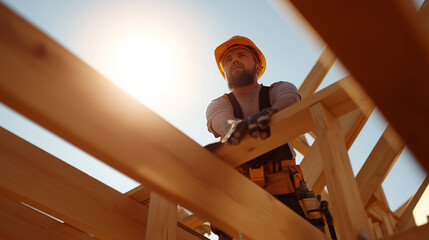 Construction worker building wooden frame structure at sunset.
