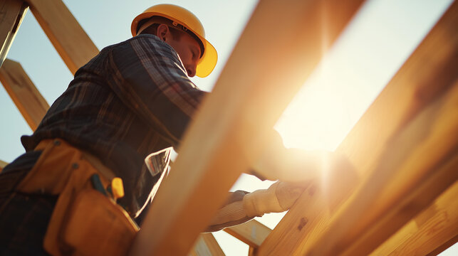 Construction worker building wooden frame structure at sunset.
