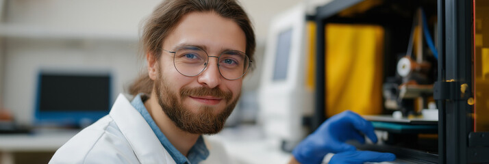 A young scientist smiles while operating a 3D printer in a high-tech laboratory, showcasing the intersection of creativity and engineering in scientific exploration.