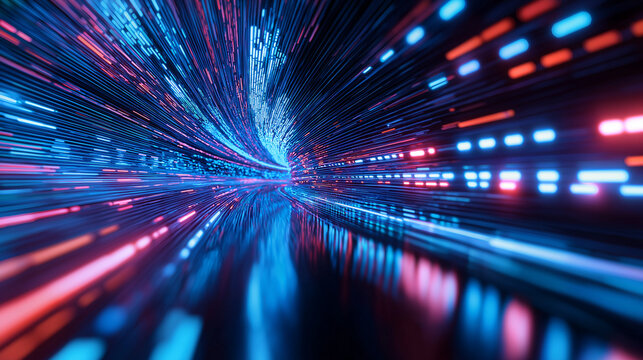 Abstract glowing tunnel of blue and red digital light lines in motion.
