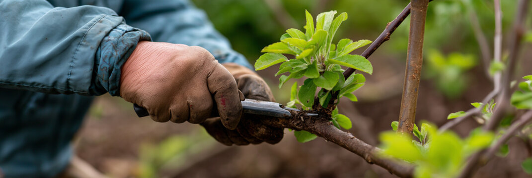 This close-up image captures the hands of a gardener carefully pruning tree branches, highlighting the nurturing aspect of gardening and the beauty of nature's growth.