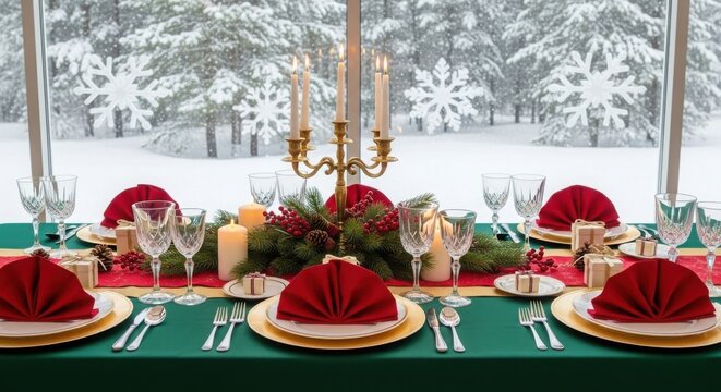 Christmas table setting with elegant decorations, dinnerware and snowy winter background