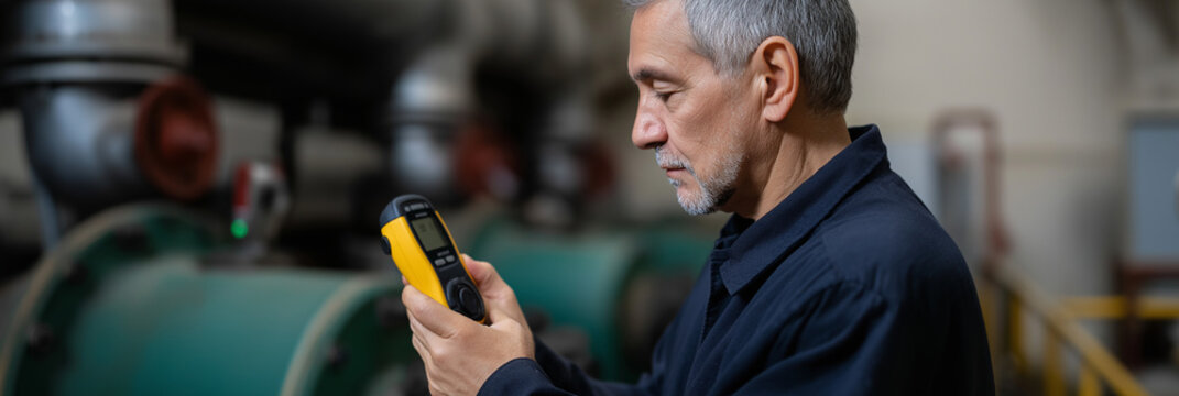 A focused technician inspects measuring equipment in an industrial setting, showcasing precision, responsibility, and the importance of safety in a technical environment.