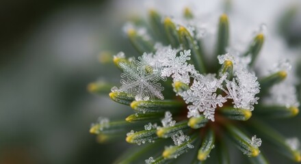 Macro shot of snowflakes on a pine needle