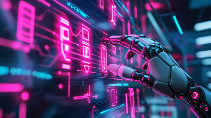 Robotic hand interacting with digital touchscreen interface in neon light.