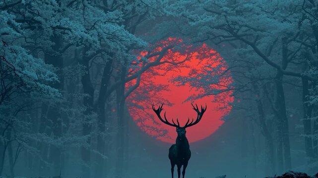 Deer with rising sun between its antlers. Winter solstice or December Solstice