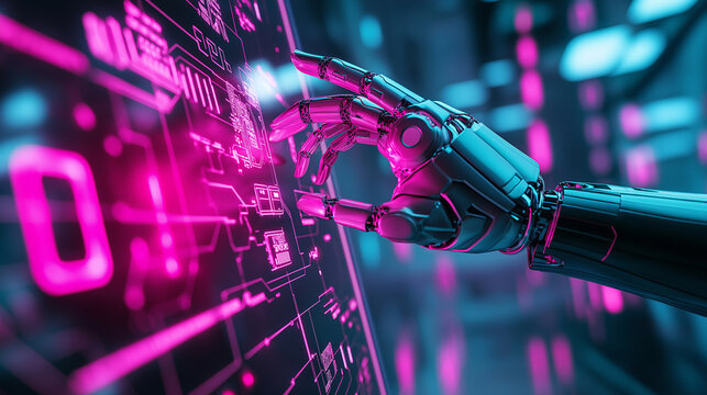 Robotic hand interacting with digital touchscreen interface in neon light.
