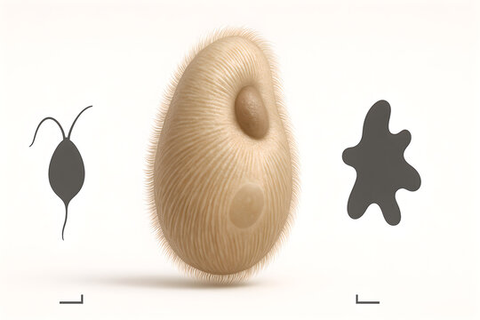 Photorealistic 3D anatomy of Balantidium coli trophozoite, ovoid body fully covered with aligned ciliary rows, prominent kidney-shaped macronucleus with adjacent micronucleus