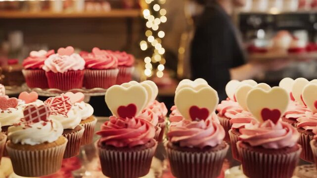 Assorted Valentines Day Cupcakes with Heart Decorations Displayed in a Cozy Bakery Showcase - Powered by Adobe