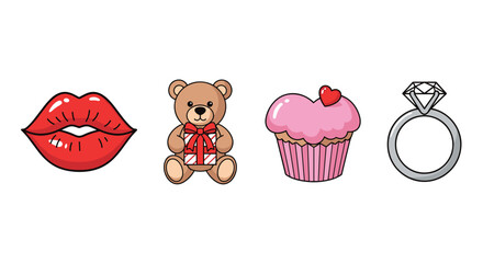Collection of Valentines Day symbols including lips teddy bear cupcake and ring, Generative AI.