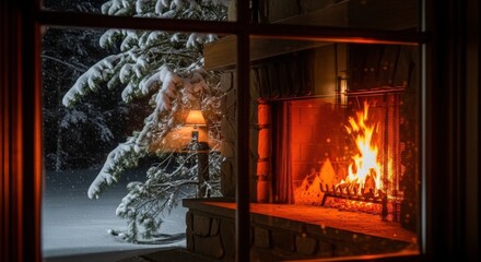 Cozy fireplace and snowy winter scene viewed through a window