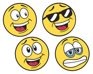 Four diverse smiley face emoticons expressing different emotions