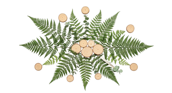 Symmetrical green fern leaves, natural wood slices artfully arrayed on white