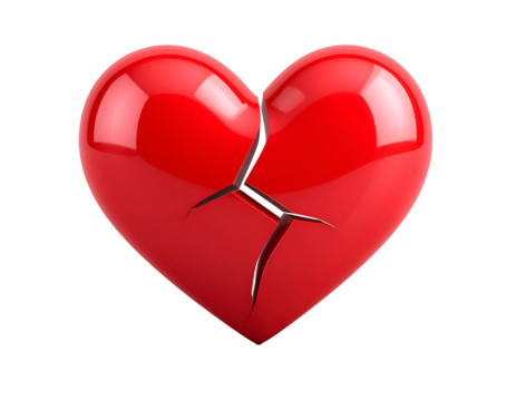 Broken red heart isolated on transparent background symbolizing lost love, passion, and emotion on Valentine's Day