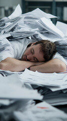 Exhausted office worker sleeping on desk under pile of paperwork and documents.
