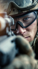 Obraz premium Soldier aiming through a rifle scope with focused expression. 