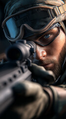 Obraz premium Soldier aiming through a rifle scope with focused expression. 