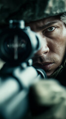 Obraz premium Soldier aiming through a rifle scope with focused expression. 