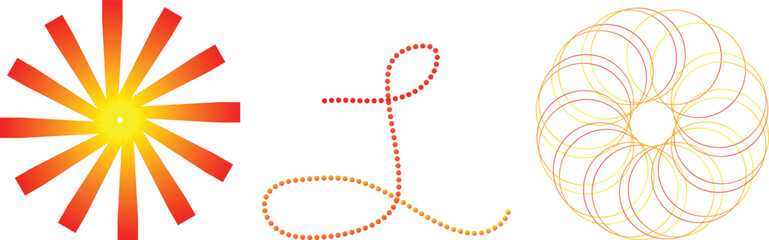Radiant abstract designs featuring a sunburst, dotted l shape, and circular design with orange and yellow gradient fill