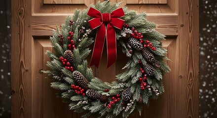 Festive christmas wreath adorned with red bow and berries hanging on a rustic wooden door