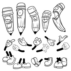 Cartoon Pencil Character Parts Bundle with Hands and Shoes Black and White Vector Set