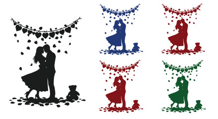 Couple Silhouette Dancing Under Heart Garland with Teddy Bear, Generative AI.