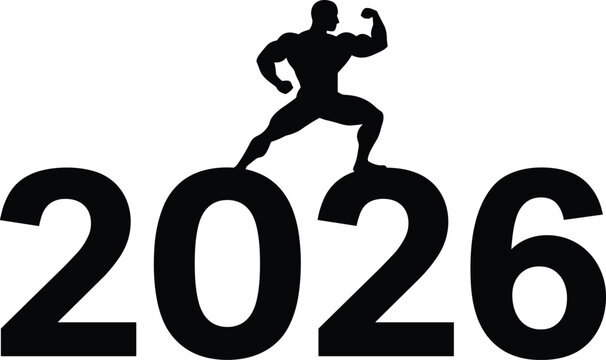 Bodybuilder silhouette on 2026 number, fitness strength concept vector, muscular man posing graphic design, new year motivation theme, cad drawing flat vector illustration