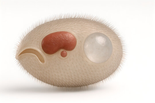Photorealistic 3D anatomy of Balantidium coli trophozoite, ovoid body fully covered with aligned ciliary rows, prominent kidney-shaped macronucleus with adjacent micronucleus