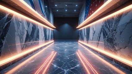 Abstract Futuristic Corridor Neon Lights, Marble Walls, Modern Design