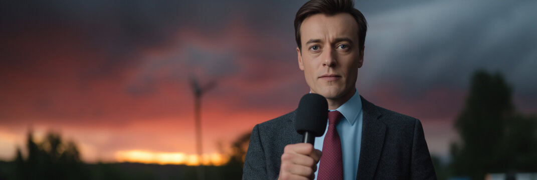 A news reporter stands confidently against a dramatic sunset, microphone in hand, capturing the attention of viewers with an important live broadcast amidst a moody sky.