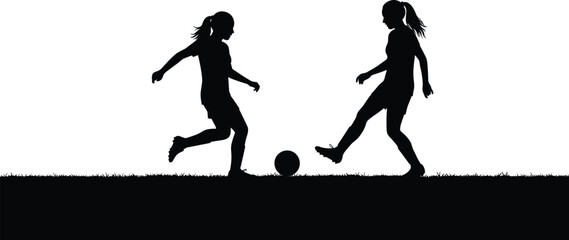 Silhouette of two women playing soccer on grass field, football training activity, teamwork sports concept vector illustration, outdoor exercise design