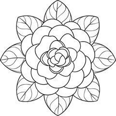 Stylized camellia flower line art drawing for coloring books and floral craft