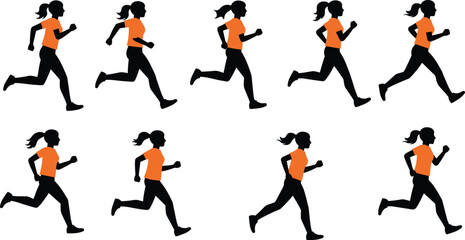 Silhouette sequence of woman running in athletic motion poses, fitness exercise concept, sports training animation vector illustration, healthy lifestyle design, isolated figure