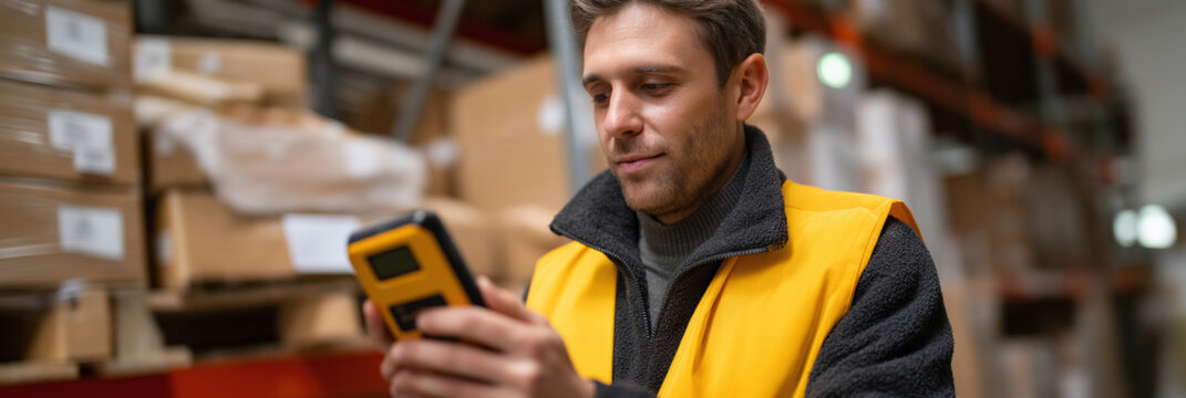 A focused warehouse worker wearing a safety vest is scanning products with a handheld device, showcasing modern inventory management practices in a large storage area. - Powered by Adobe