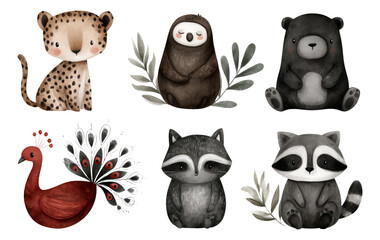Obraz premium Adorable Cartoon Animals Featuring Leopard, Sloth, Bear, Peacock, Raccoon, and Foliage