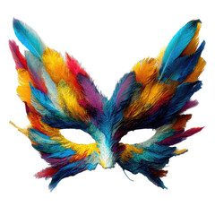 Obraz premium Colorful Feather Mask: A vibrant and exquisitely crafted mask, adorned with an array of feathers in a spectrum of vivid colors, evoking a sense of mystery and artistry.
