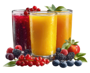 Trio of Refreshments: A vibrant trio of fresh fruit juices, each a kaleidoscope of colors, accompanied by a scattering of ripe, juicy berries.