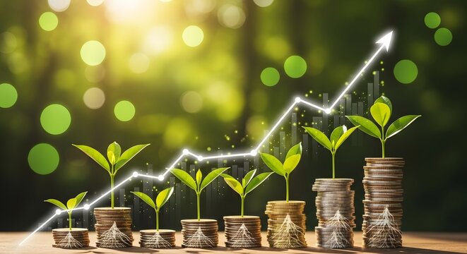 Stacks of coins topped with growing plants and an upward arrow graph over a green background. Concept of green investment, financial growth, and sustainable business strategy. Money increasing 