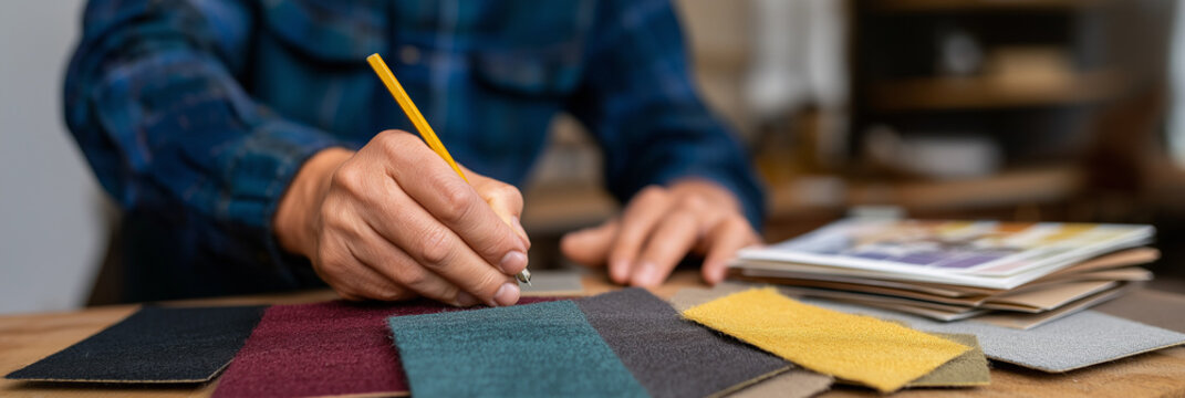 A person is focused on designing, sketching ideas, and selecting fabric swatches on a wooden table, blending creativity with a hands-on approach to their work.