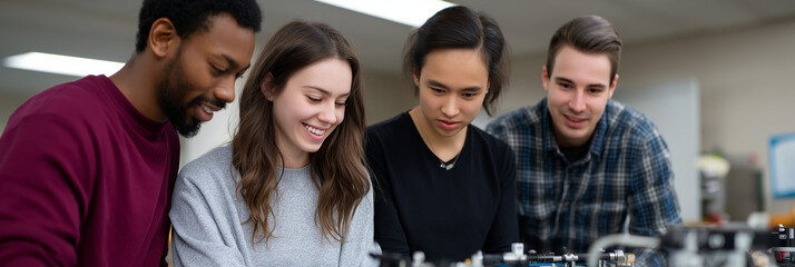 Fototapeta premium A diverse group of four students collaborate effectively around a table full of electronic components, showcasing teamwork and innovation in education and technology.