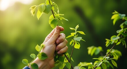 Close-up of a human hand gently touching and holding fresh green leaves and a budding branch outdoors. Concept of care, environmental protection, nature conservation, and sustainable farming practice.
