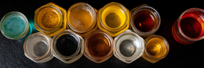 An artistic array of colorful glass jars is arranged on a dark surface, showcasing shades and textures that evoke creativity and aesthetic appreciation in design.