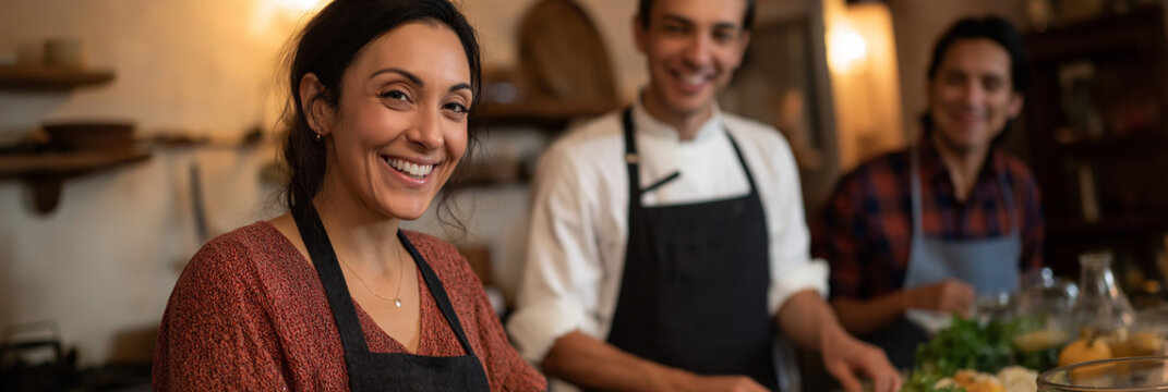 Three chefs work together in a welcoming kitchen, smiling as they prepare fresh ingredients and showcase their culinary skills in a warm, inviting atmosphere.