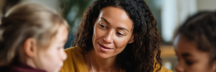 Obraz premium A nurturing mother shares a tender moment with her children, fostering love, creativity, and joy in a comforting environment that emphasizes familial bonds and connection.
