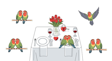 Lovebirds Celebrate Valentines Day With Romantic Dinner Setup, Generative AI.