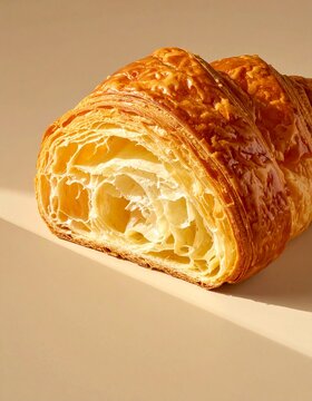 Freshly baked croissant cut in half showing the inside in an angle position