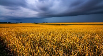 Golden Wheat Field Under a Dramatic Stormy Sky with Dark Clouds and Distant Rain.