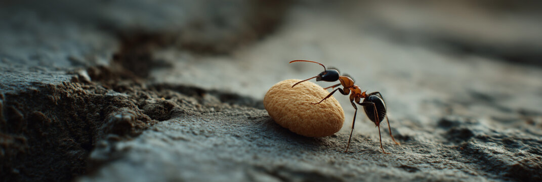 A close-up of an ant diligently transporting a food particle across rugged terrain highlights the tireless efforts and survival instincts of nature's tiny creatures.