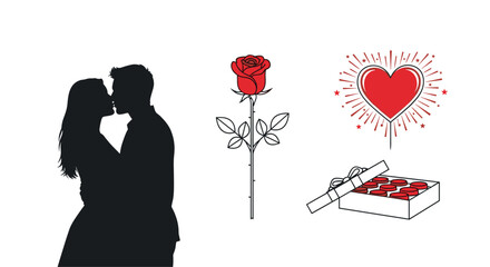 Romantic Couple Kissing With Rose and Heart Symbols, Generative AI.